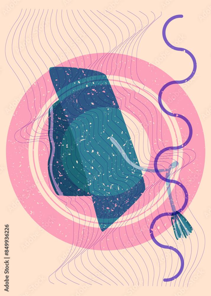 Poster risograph graduate hat with geometric shapes. objects in trendy riso graph print texture style desig