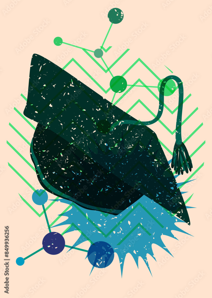 Poster risograph graduate hat with geometric shapes. objects in trendy riso graph print texture style desig