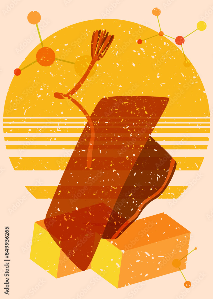 Poster risograph graduate hat with geometric shapes. objects in trendy riso graph print texture style desig