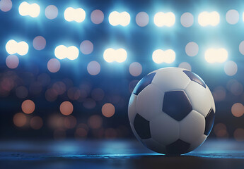 Fototapeta premium Close-up of a soccer ball on a field under bright stadium lights, capturing the excitement and anticipation of a night game.
