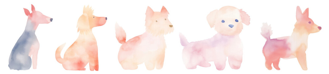 Cute dog pastel watercolor png element set on transparent background
