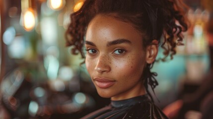 Fototapeta premium Cosmetology and organic cosmetics. Beauty saloon. Feminine beauty. Portrait of a beautiful young woman with long brown straight hair with hair saloon