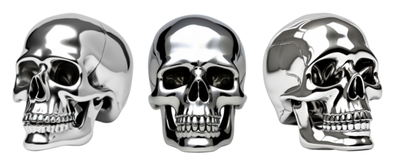 Chrome human skull png element set on transparent background