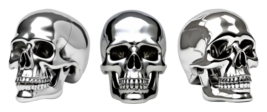 Chrome human skull png element set on transparent background