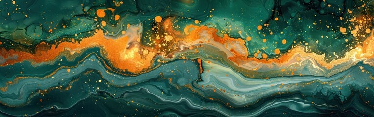 Marbled Stone Ink Painting with Orange and Green Waves, Swirls, and Gold Splashes for Luxury Background Banner Texture