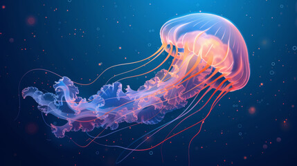 Naklejka premium A luminous jellyfish gracefully swims in the deep blue sea, showcasing vibrant colors and ethereal beauty in its natural habitat.