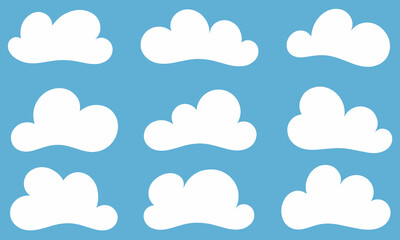 Set of flat cute white clouds isolated on blue background
