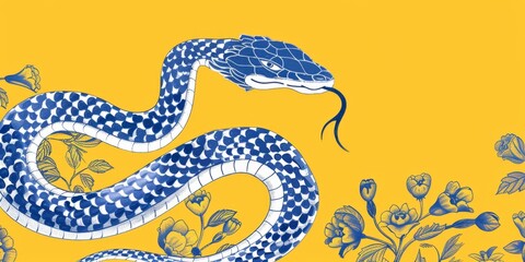 Obraz premium A blue and white porcelain snake, traditional Chinese pattern, yellow background, graceful curves, New Year, mural, decorative painting, Spring Festival, Year of the Snake, zodiac, animal, high-defini