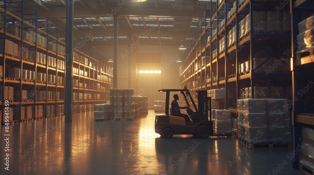 Poster smart warehouse worker or operator driving forklift and lifted product surrounded with box at storag