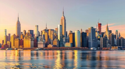Panoramic view of New York City skyline at sunset with the iconic Empire State Building, reflecting on the Hudson River under a clear sky and warm sunlight.