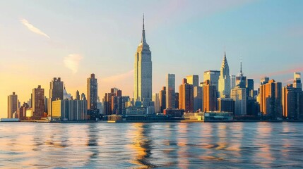 Obraz premium Panoramic view of New York City skyline at sunset with the iconic Empire State Building, reflecting on the Hudson River under a clear sky and warm sunlight.