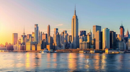 Fototapeta premium Panoramic view of New York City skyline at sunset with the iconic Empire State Building, reflecting on the Hudson River under a clear sky and warm sunlight.