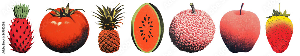 Poster silk screen style of fruit png element set on transparent background
