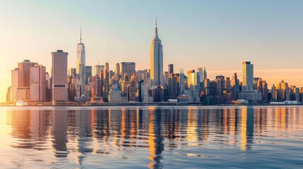 Fototapeta premium Panoramic view of New York City skyline at sunset with the iconic Empire State Building, reflecting on the Hudson River under a clear sky and warm sunlight.