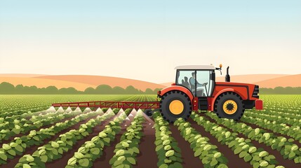 Fototapeta premium Farming tractor spraying plants in a field