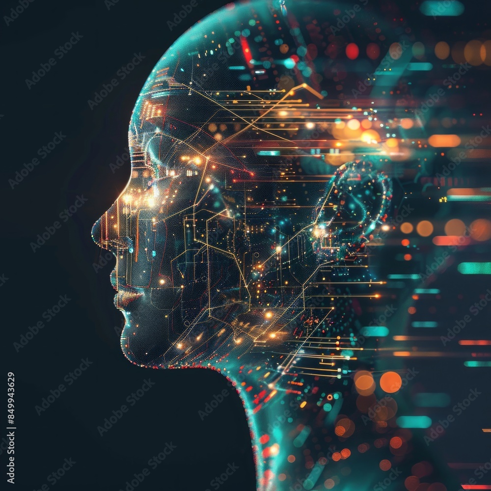Poster side profile of a futuristic artificial intelligence computer head with glowing lines and data. mode
