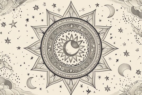Cartoon cute doodles of a mandala inspired by celestial elements like stars and moons, Generative AI
