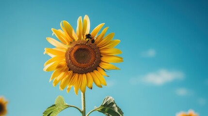 Obraz premium A close-up of a single sunflower with a bumblebee, against a clear blue sky, emphasizing nature and vibrant color. --ar 16:9 --style raw Job ID: dccf2497-7397-45e0-b93b-f6408d46425f