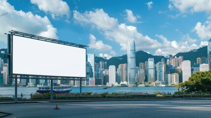 A large billboard is in the middle of a city with a clear blue sky. The billboard is empty, but it is surrounded by tall buildings. The cityscape is bustling with activity