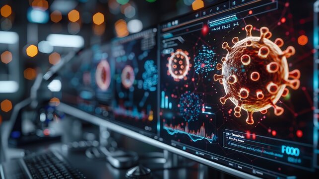 Computer screens display a digital representation of the coronavirus, highlighting the global impact of the pandemic.