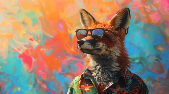 Cool fox wearing sunglasses and a colorful shirt against an abstract background.