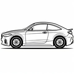 Fototapeta premium Detailed black and white side view drawing of a modern coupe car, illustrating sleek and contemporary automotive design.