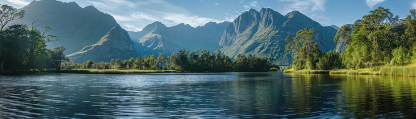 A beautiful mountain range with a lake in the foreground. The water is calm and the sky is clear. The scene is peaceful and serene