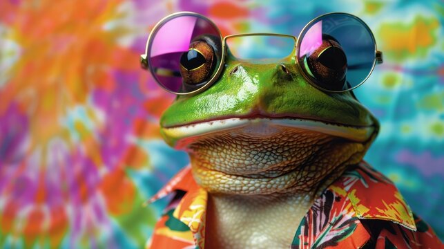 A cool frog wearing sunglasses and a Hawaiian shirt against a tie-dye background.