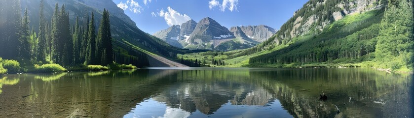 A beautiful mountain range with a lake in the foreground. The water is calm and the sky is clear. The scene is peaceful and serene