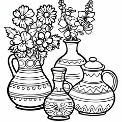 Line drawing of various decorated flower vases, filled with flowers, showcasing intricate patterns and artistic design.