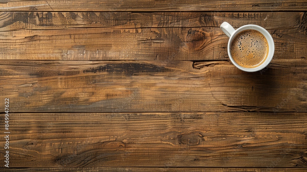 Aufkleber wooden background with a cup of coffee empty space for text overhead view of the arrangement in pano