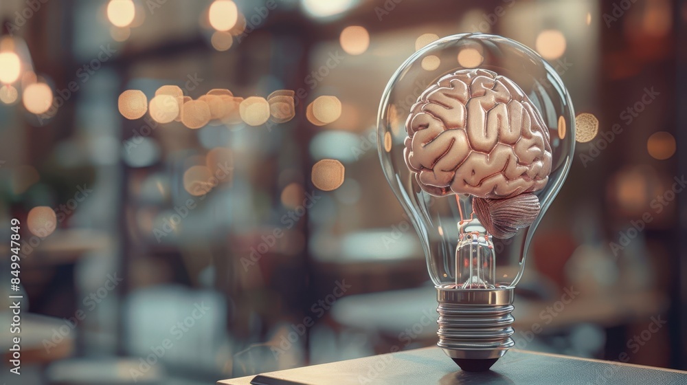Poster a brain is inside a light bulb. the image is meant to represent the idea of intelligence and the bra