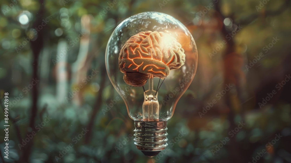 Poster a brain is inside a light bulb. the image is meant to represent the idea of intelligence and the bra