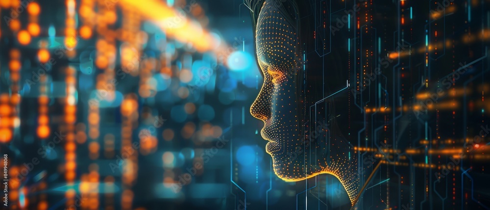 Poster side profile of a futuristic artificial intelligence computer head with glowing lines and data. digi