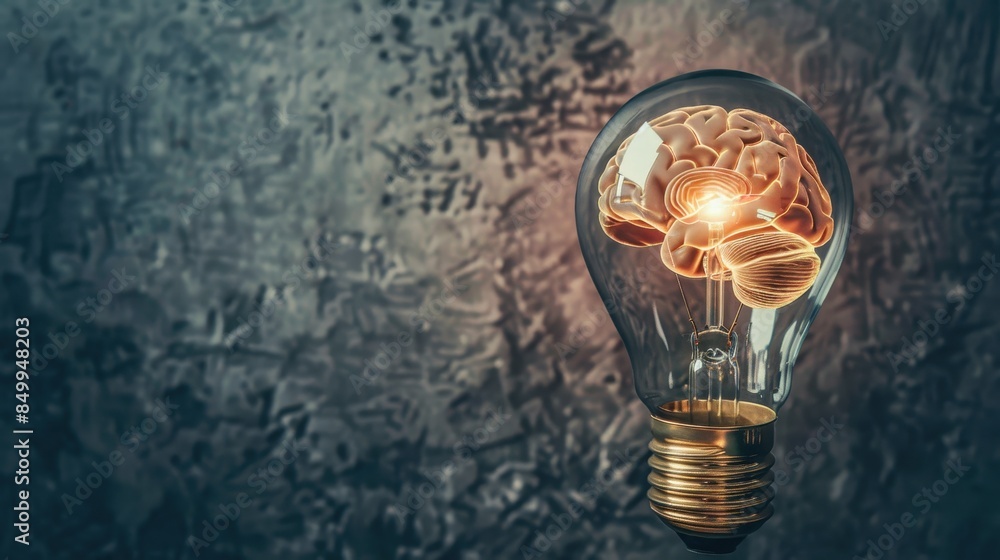 Poster a brain is inside a light bulb. the image is meant to represent the idea of intelligence and the bra