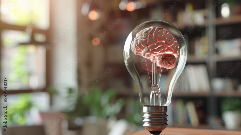 Poster a brain is inside a light bulb. the image is meant to represent the idea of intelligence and the bra