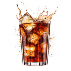 Glass of cola with splash isolated on transparent white background, clipping path 