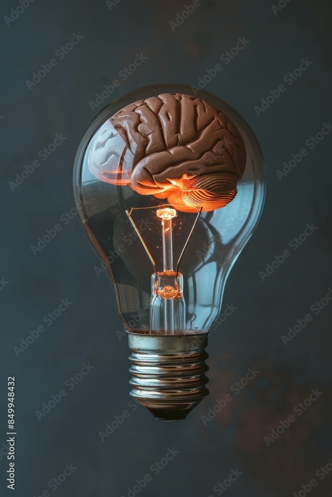 Poster a brain is inside a light bulb. the image is meant to represent the idea of intelligence and the bra