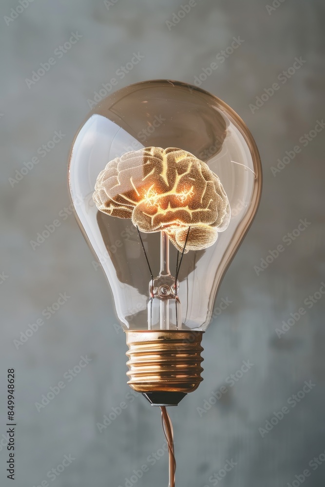 Poster a light bulb with a brain inside of it. the bulb is lit up and the brain is glowing red. concept of 