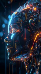 Side profile of a futuristic artificial intelligence computer head with glowing lines and data. Digital background