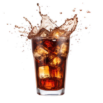 Glass of cola with splash isolated on transparent white background, clipping path 
