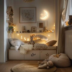 Beige child room, sideboard, toddler sleeping, night outside, phone shot, f12, garlands and plush toys