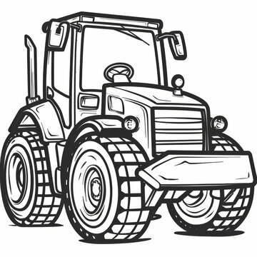 recommend clip art: Detailed front view outline drawing of a tractor, showcasing its large wheels and sturdy design.