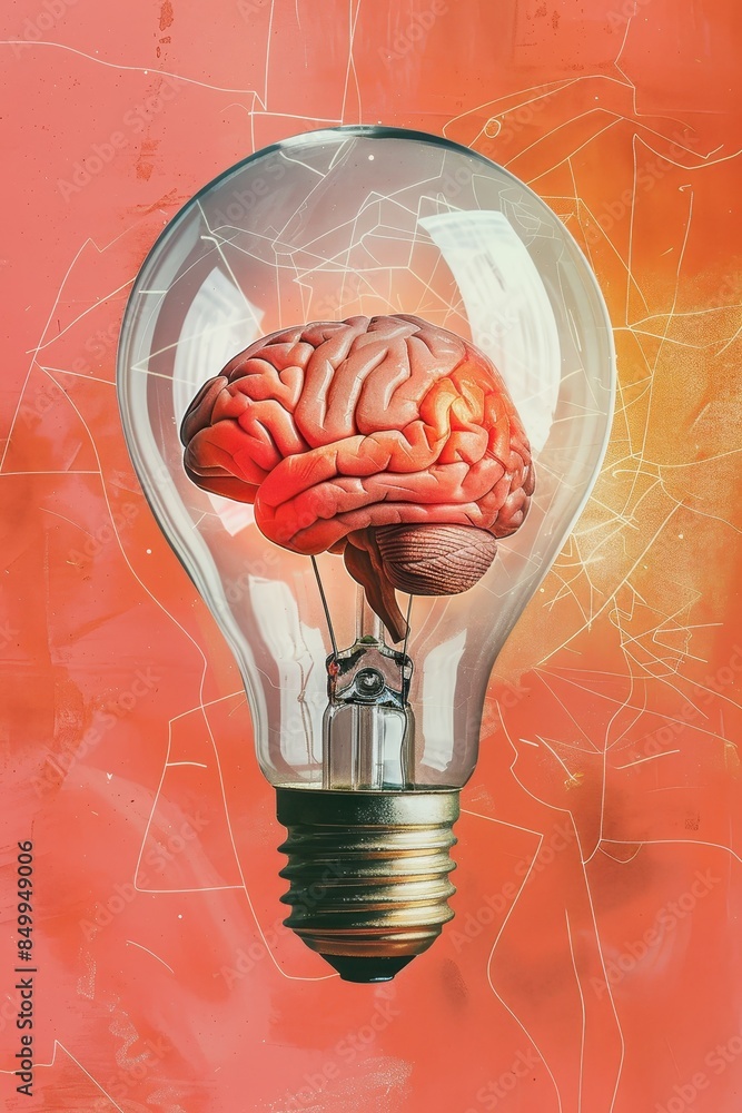 Poster a light bulb with a brain inside of it. the bulb is lit up and the brain is glowing red. concept of 