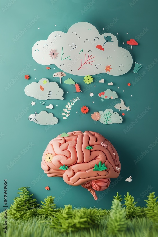 Poster a brain with a speech bubble above it. the speech bubble is in the middle of the brain and is writte