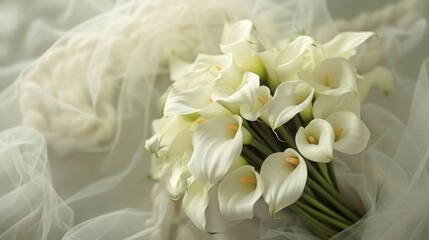 A bouquet of mixed calla lilies in a contemporary wedding setting, with elegant decor, capturing sophistication and romance. --ar 16:9 --style raw Job ID: 746d2044-c64d-4bfa-aa31-fc5bfeaac840