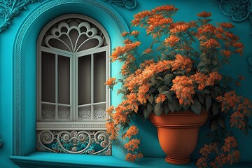 3D render of an old window in a blue room with flowers