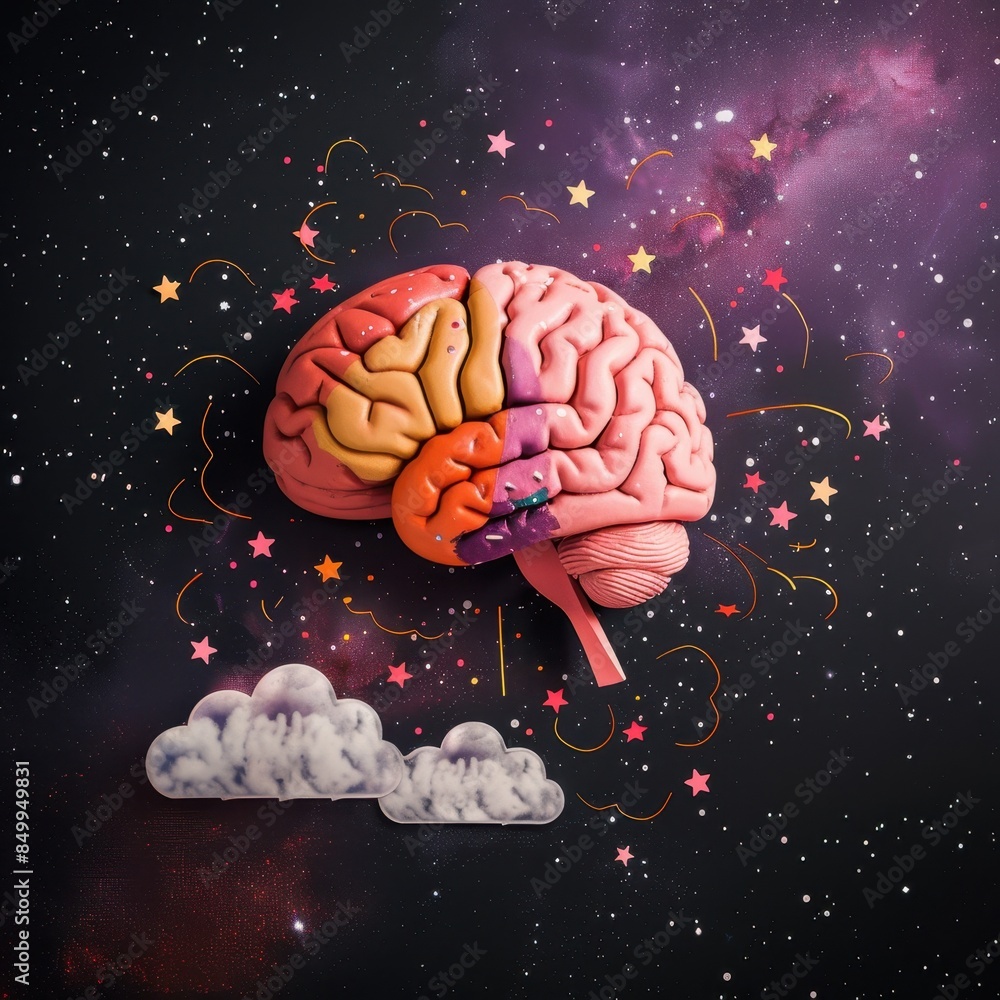 Poster a brain with a speech bubble above it. the speech bubble is in the middle of the brain and is writte