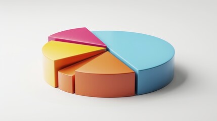 Obraz premium Detailed 3D pie chart with vibrant segments, set against a white flat background, clean and professional design, clear text space, modern aesthetic