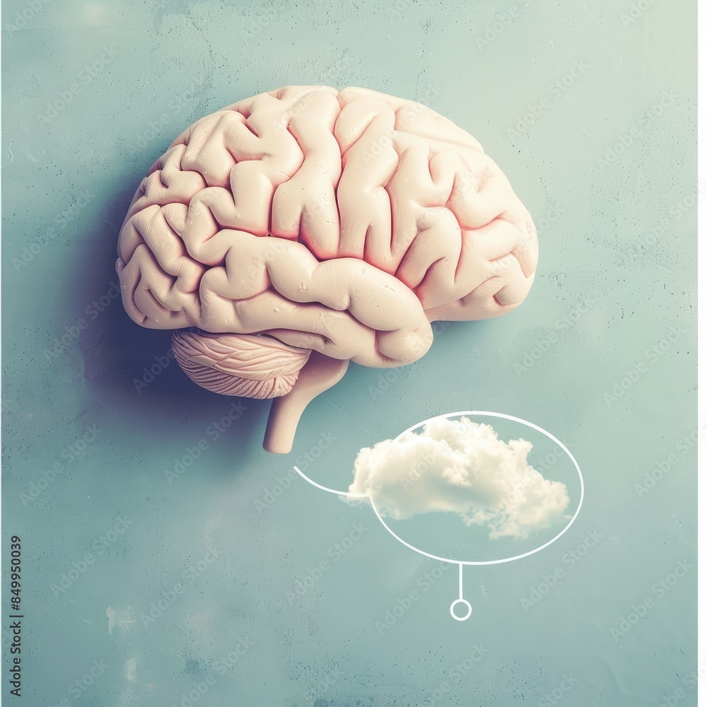 Poster a brain with a speech bubble above it. the speech bubble is in the middle of the brain and is writte